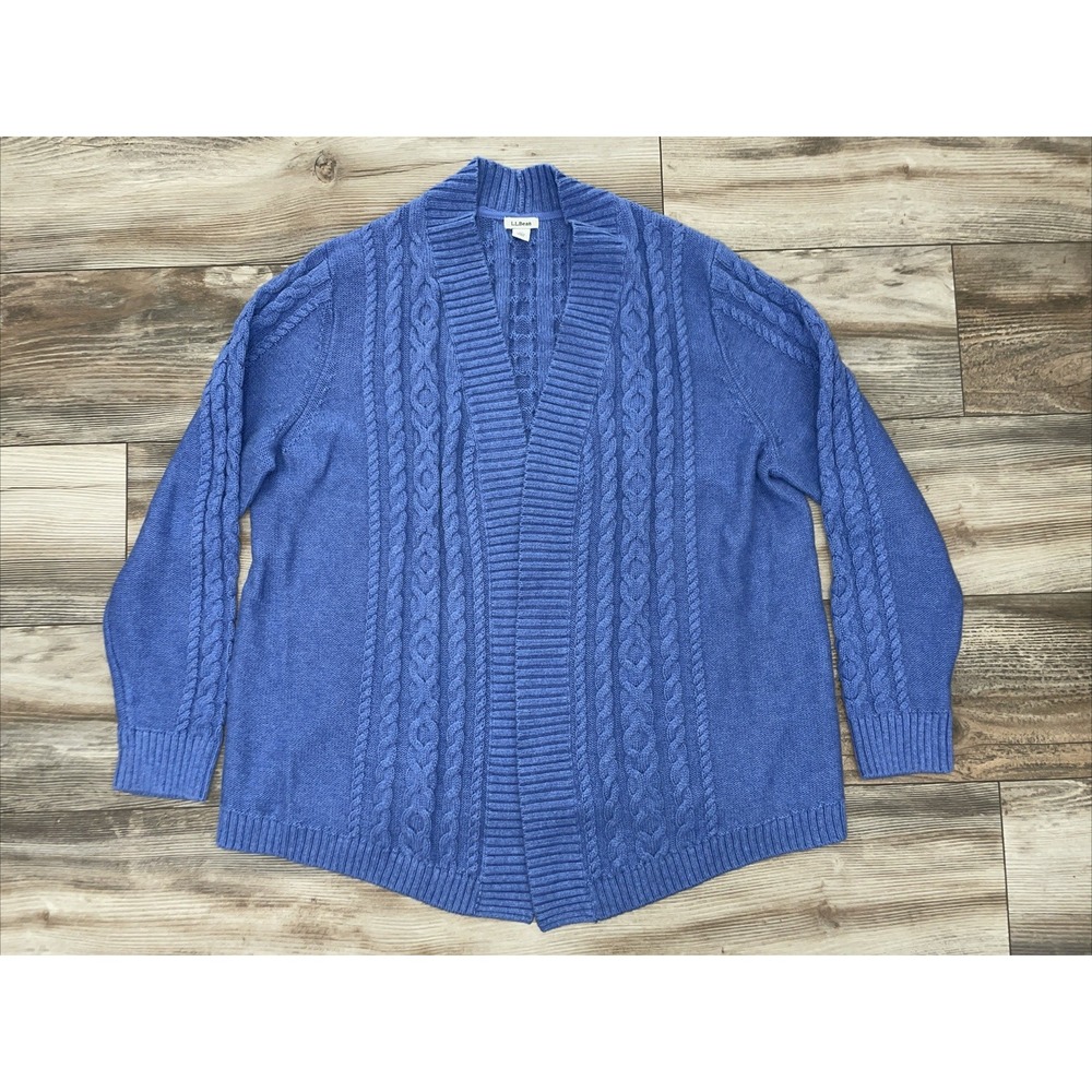 LL Bean Womens 2X Navy Blue Cable Knit Thick Open Front Cotton Cardigan Sweater